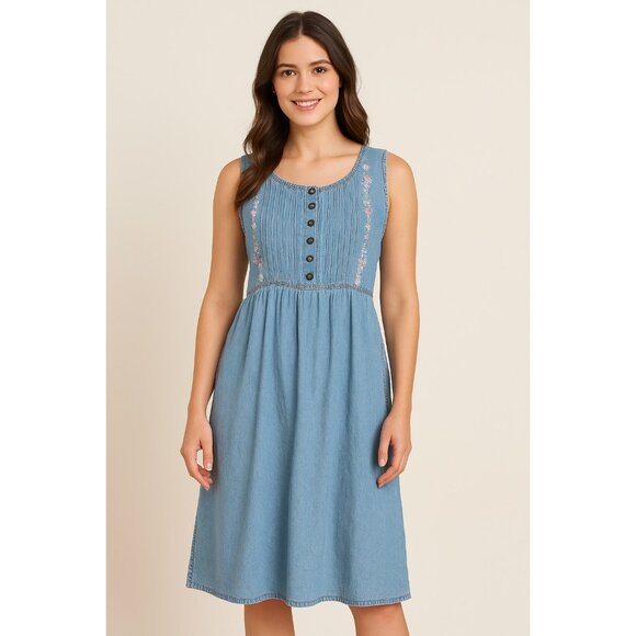 Vintage Jane Ashley Embroidered Denim Midi Dress Large Boho Cottagecore Sleevele - Picture 1 of 7